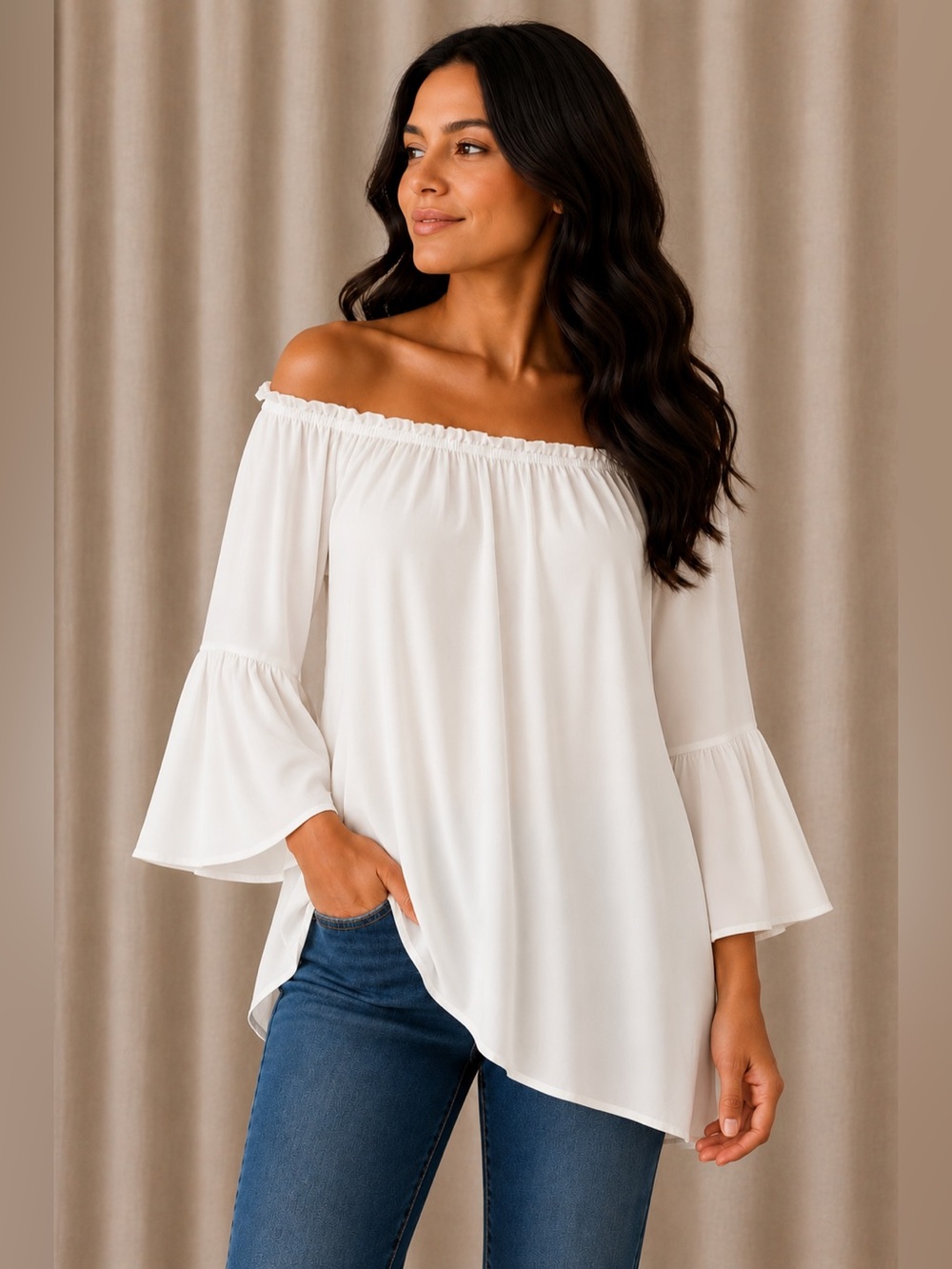 FASHION White Casual Mini Dress Women, Size M Bell Flare Sleeve Off Shoulder